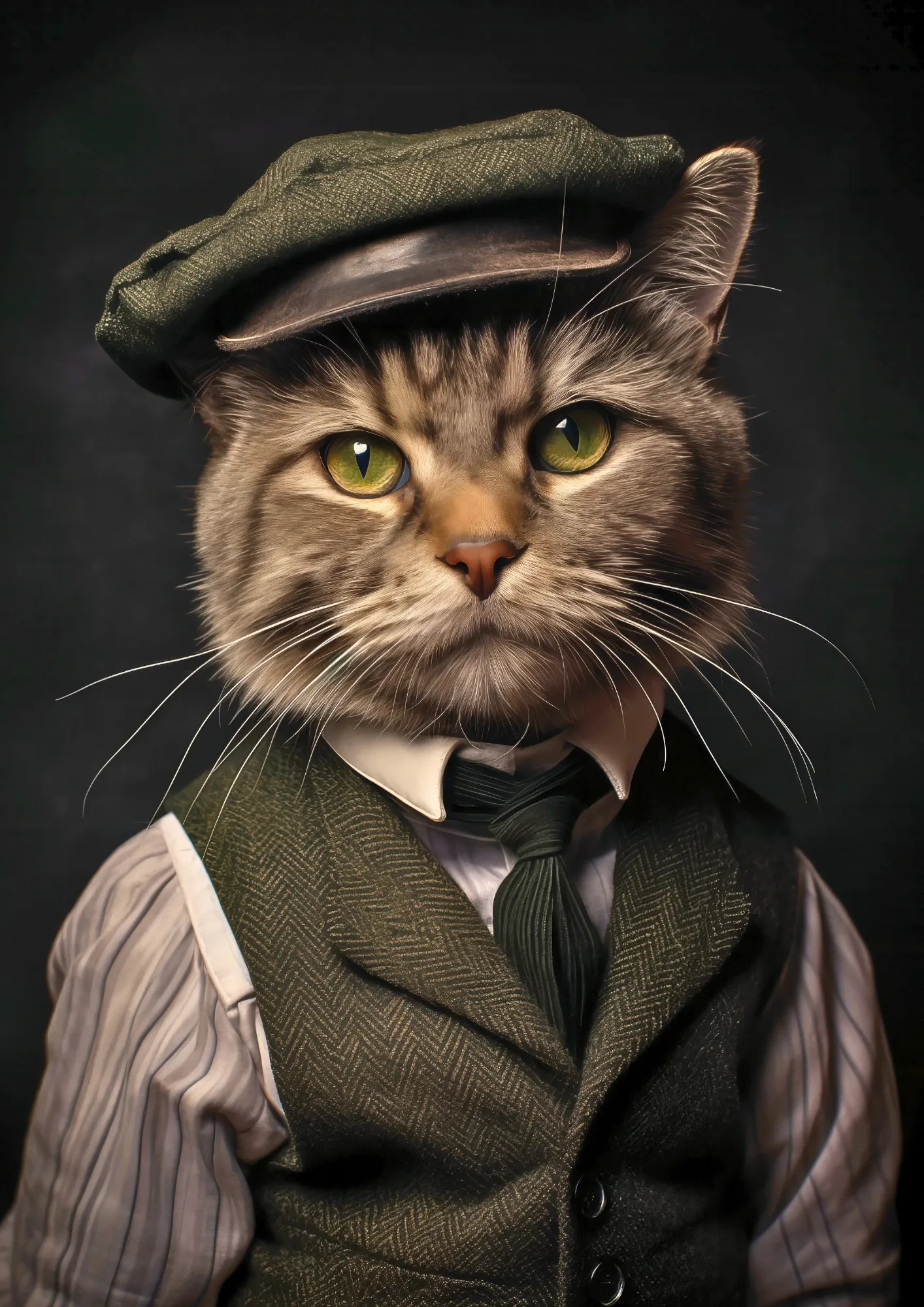Studienporträt einer getigerten Katze in Tweed-Vest und Schiebermütze, ruhiger Studioblick.
